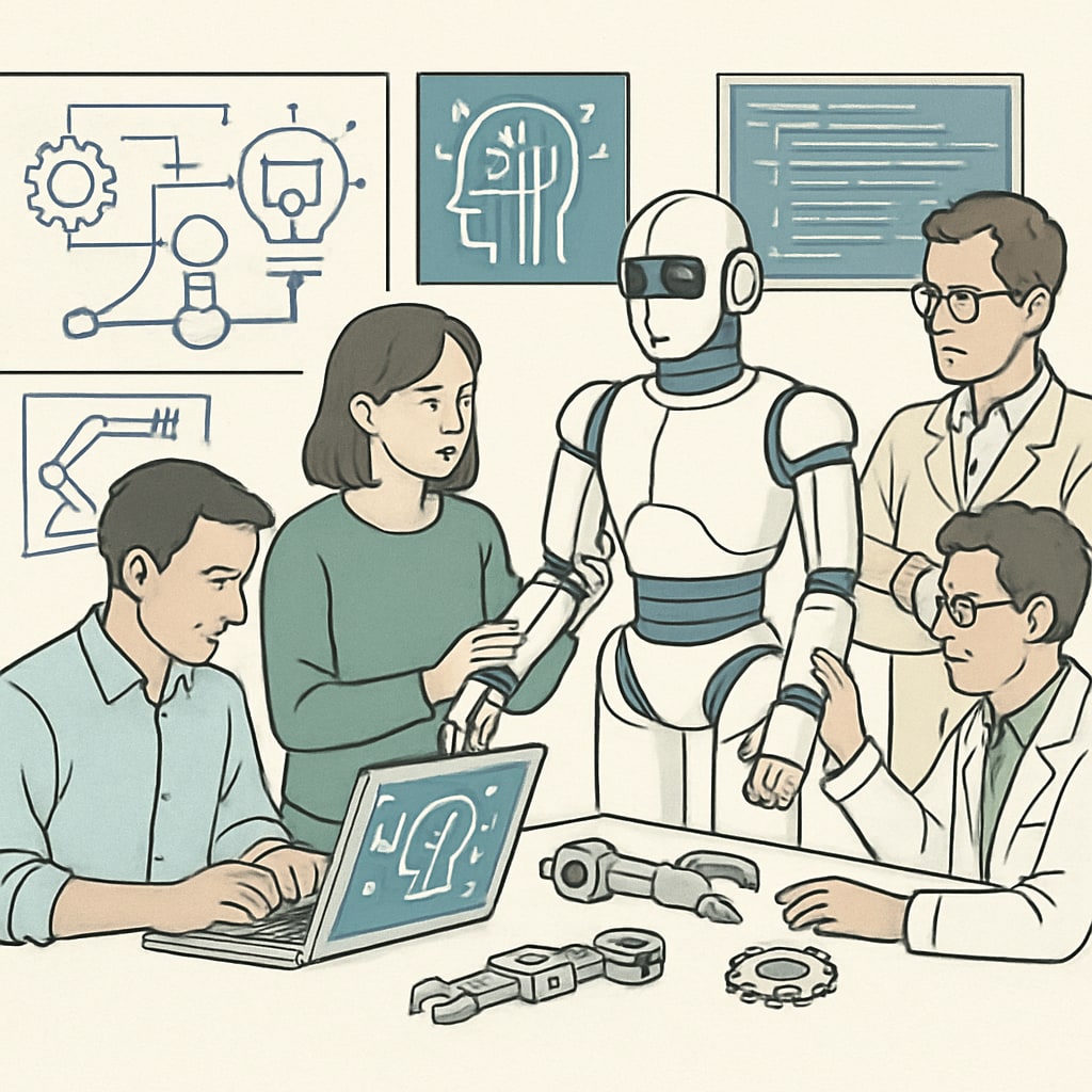 Engineers collaborating on an AI-powered robotics project.