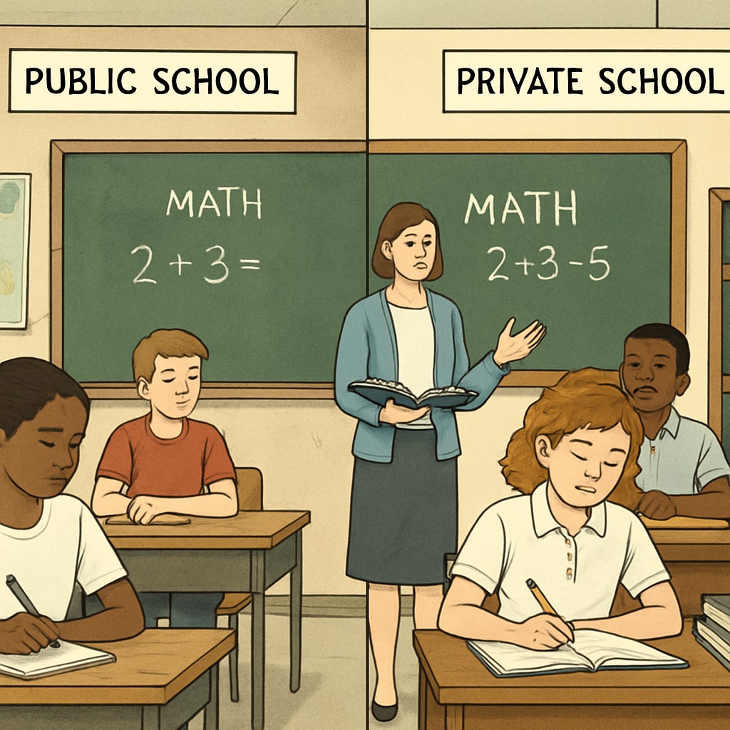 Students in a classroom highlighting the resource gap between public and private schools.