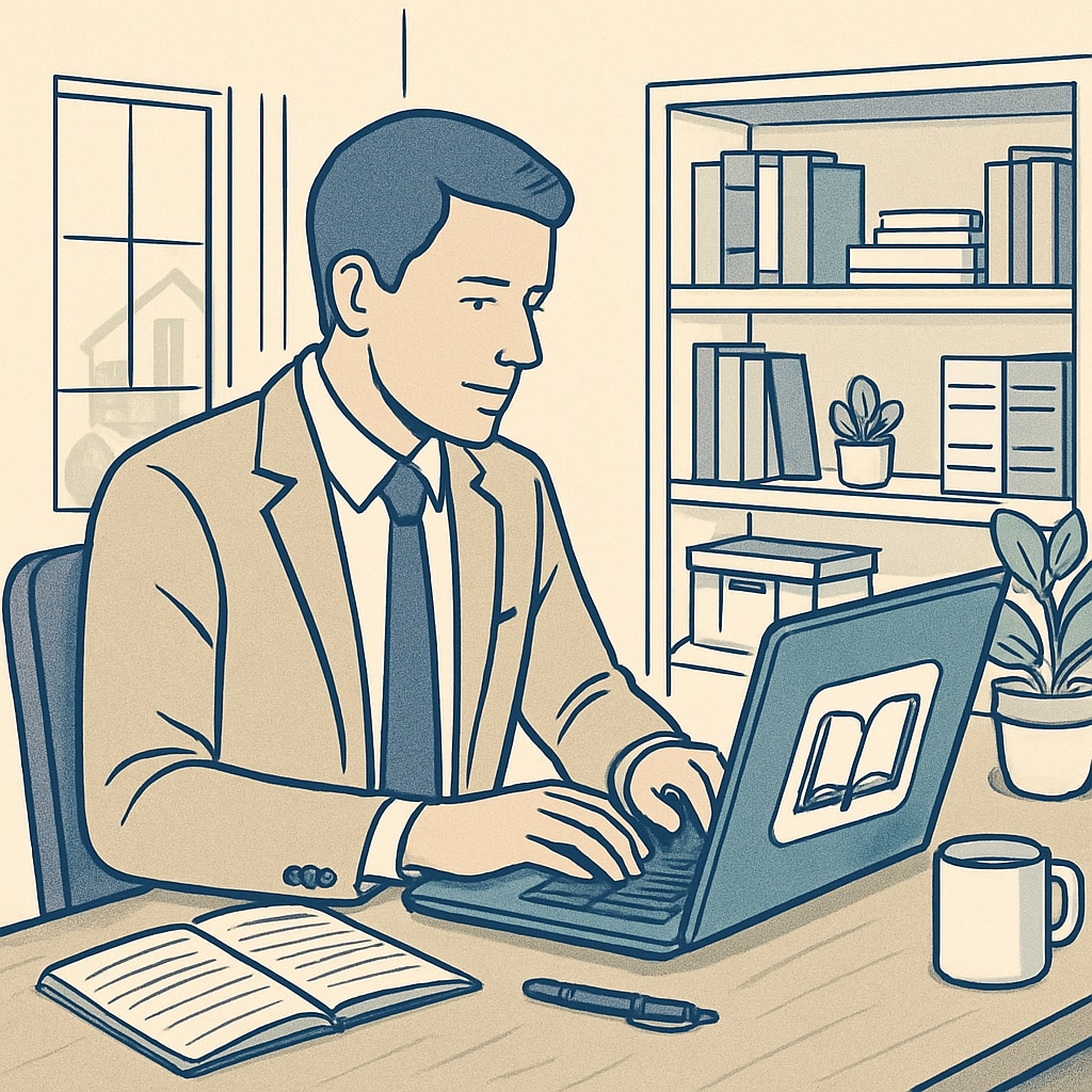A busy professional studying on a laptop at home, showcasing the convenience of online education. Convenient online education for busy professionals.