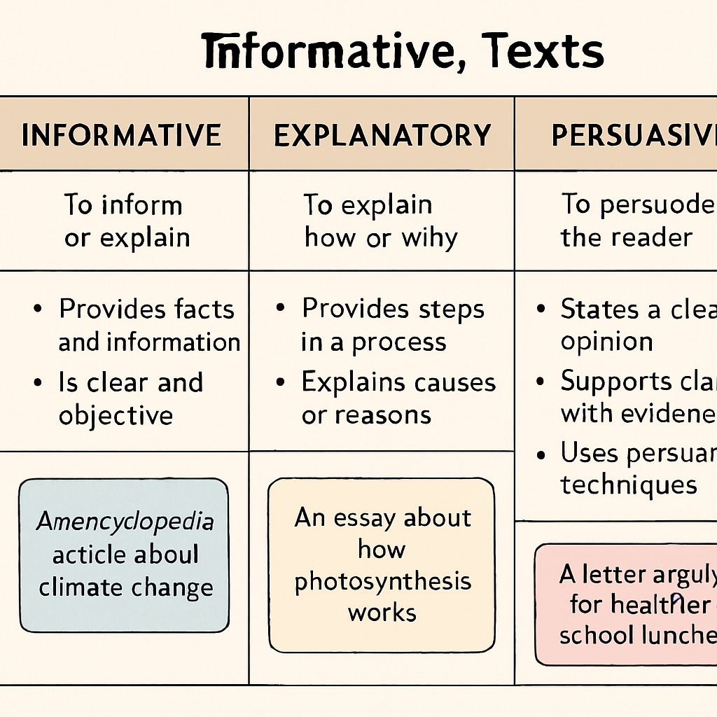 A comparison chart showing informative, explanatory, and persuasive text characteristics.