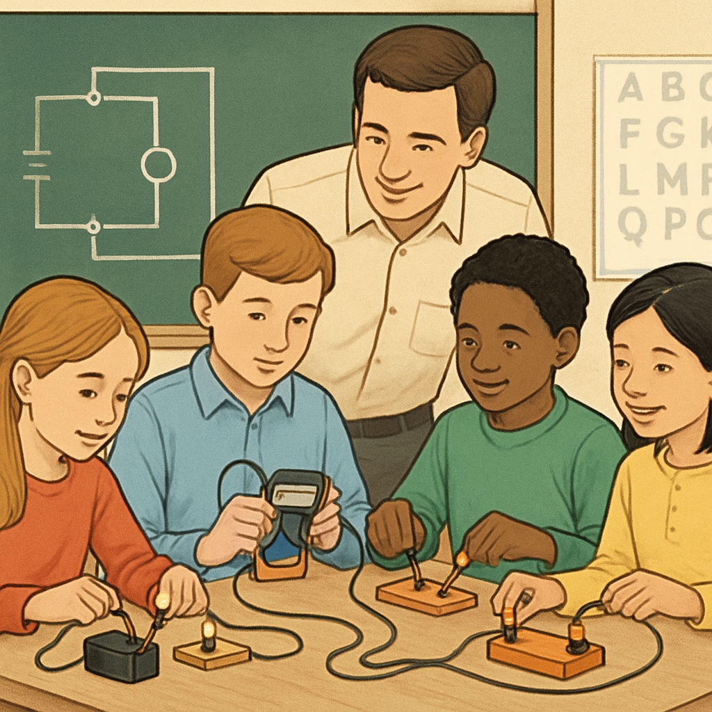 A classroom of students working on electrical circuits under the supervision of a teacher. The image highlights hands-on learning in K12 education. Students learning electrical circuit wiring in a classroom as part of an apprenticeship program.