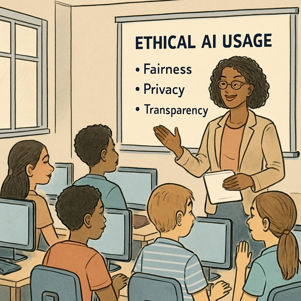 Teacher guiding students on ethical AI usage, emphasizing academic integrity.