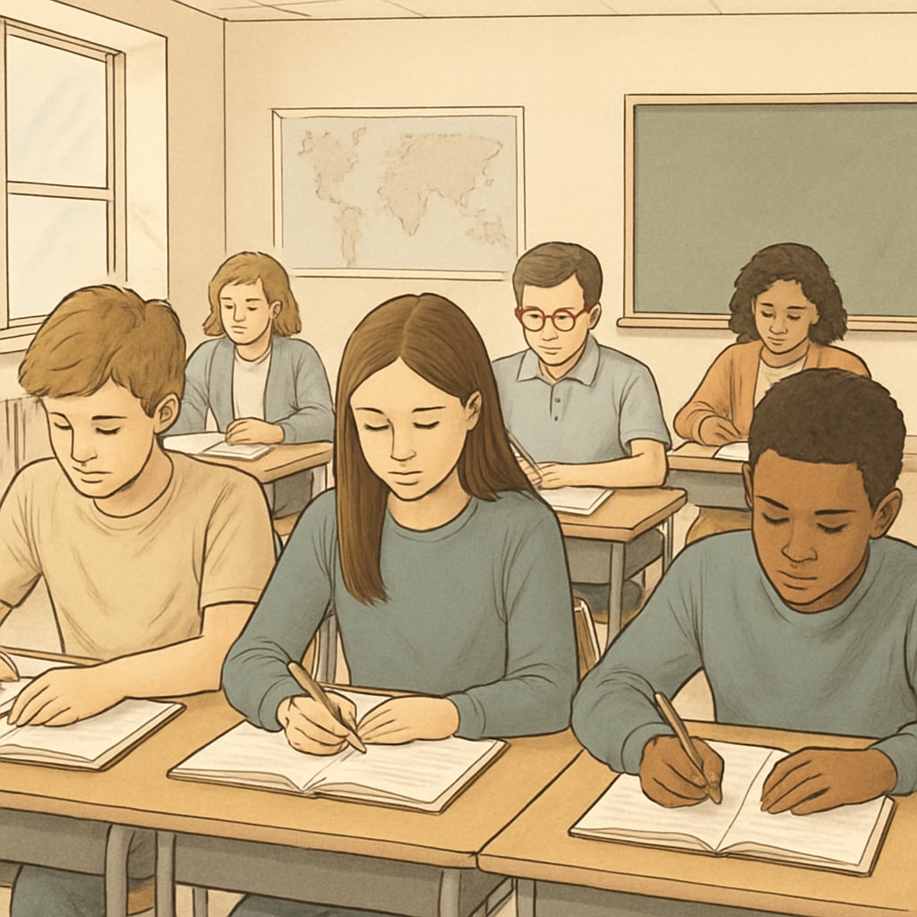 A classroom with students focusing on their work without any visible smartphones, depicting the impact of phone bans on learning focus. Students in a phone-free classroom focusing on their studies.