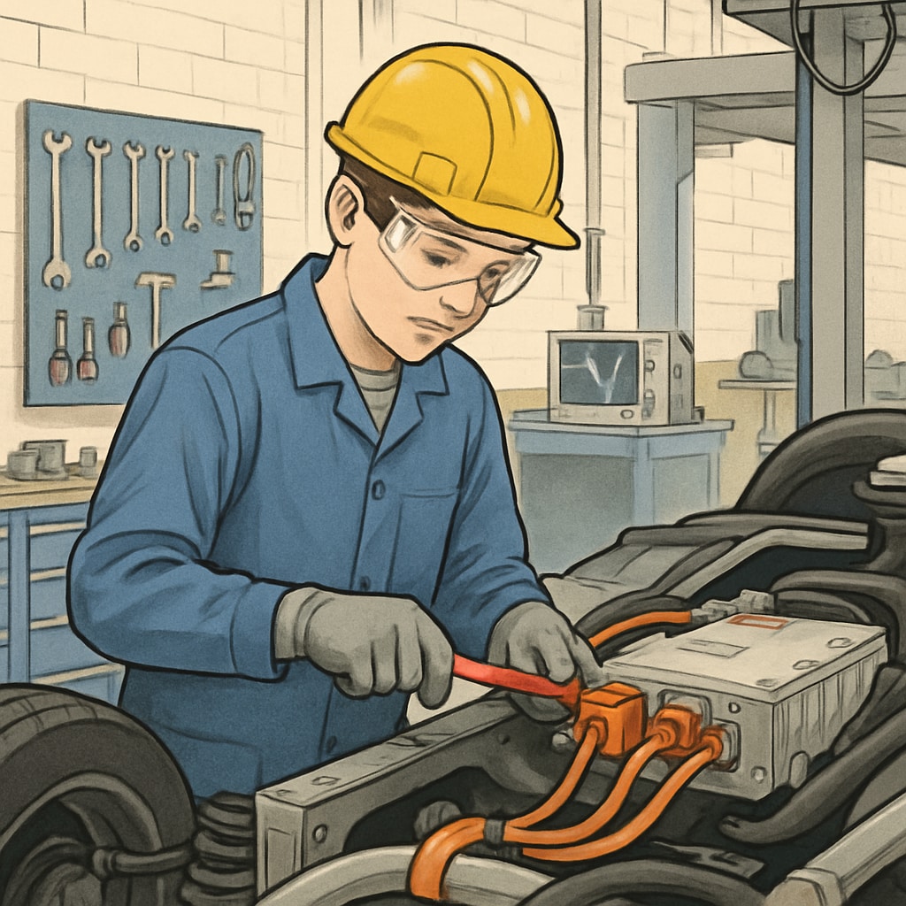 An apprentice working on an electric vehicle component in a professional workshop, showcasing the connection between education and industry. Apprentice fixing an EV component in a workshop during an electrical apprenticeship program.