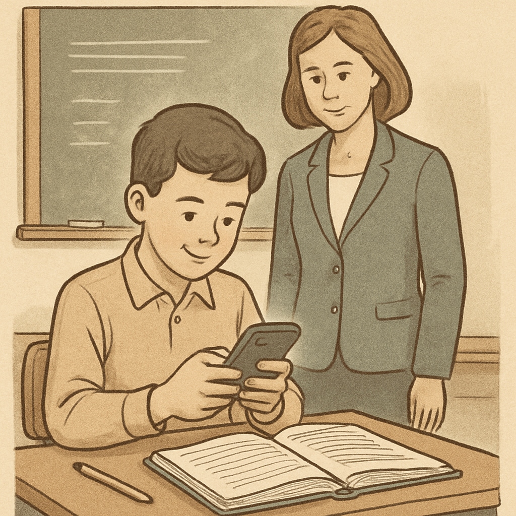 A student using a smartphone in a controlled setting, illustrating supervised use for educational purposes. Student using a smartphone under teacher supervision for learning.