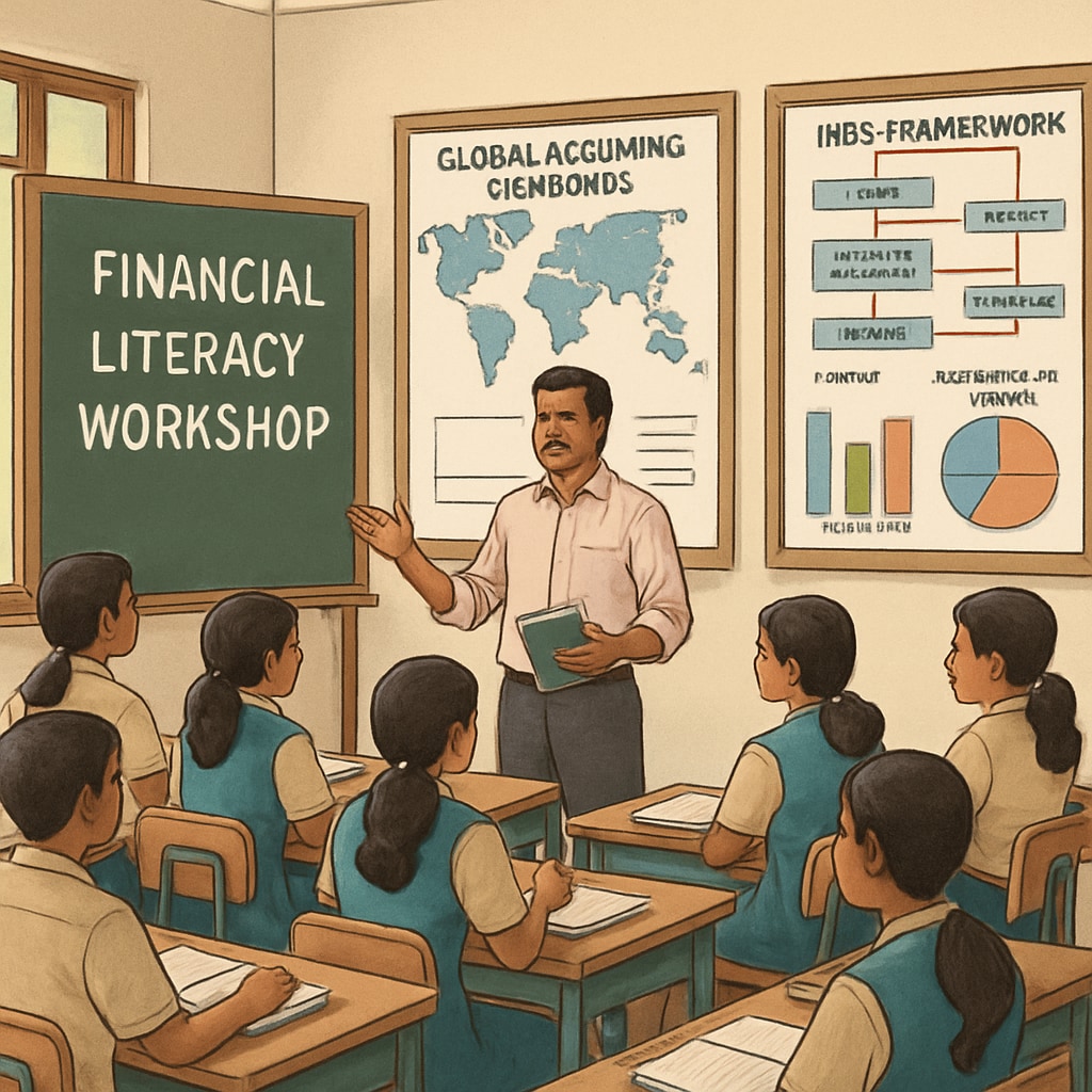 A classroom in Kerala with students engaged in a financial literacy workshop, featuring charts and visual aids about global accounting standards. Kerala students learning financial literacy in a classroom with accounting visuals.