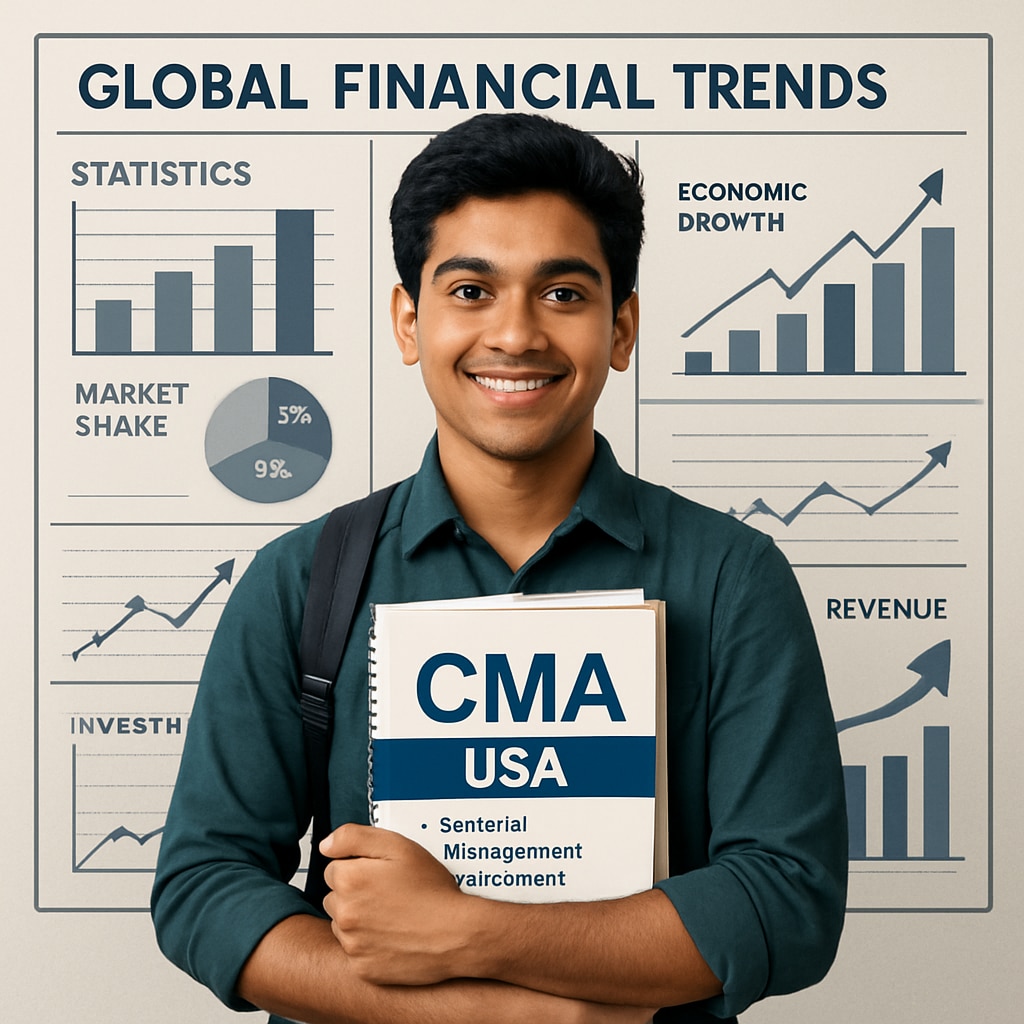 A student in Kerala holding study materials for CMA USA, with a backdrop featuring educational infographics about global financial trends. Kerala student with CMA USA materials and infographics on finance.