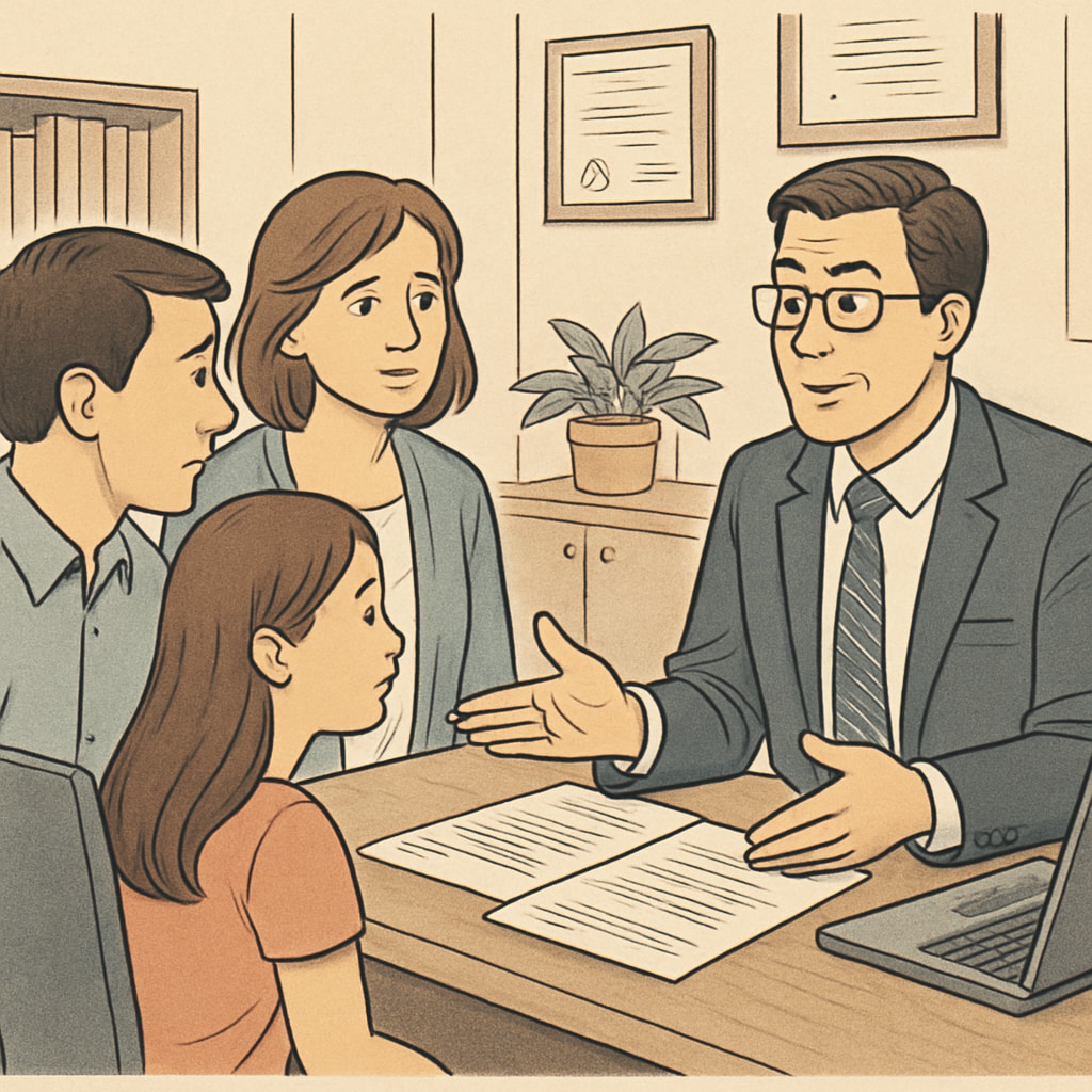 Parents and a student in discussion with an education lawyer regarding withheld transcripts.