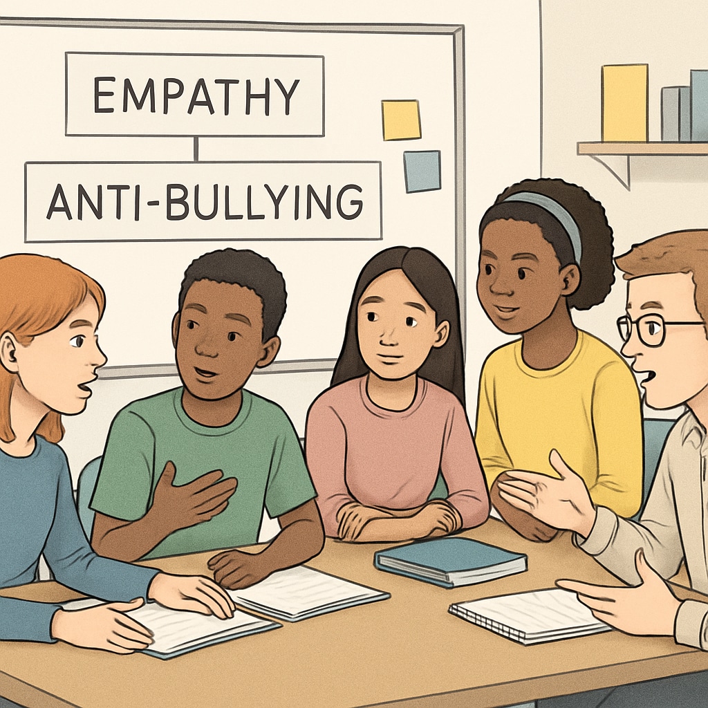 A group of diverse students participating in a workshop about empathy and anti-bullying strategies. Students learning about anti-bullying strategies to promote inclusivity and empathy.