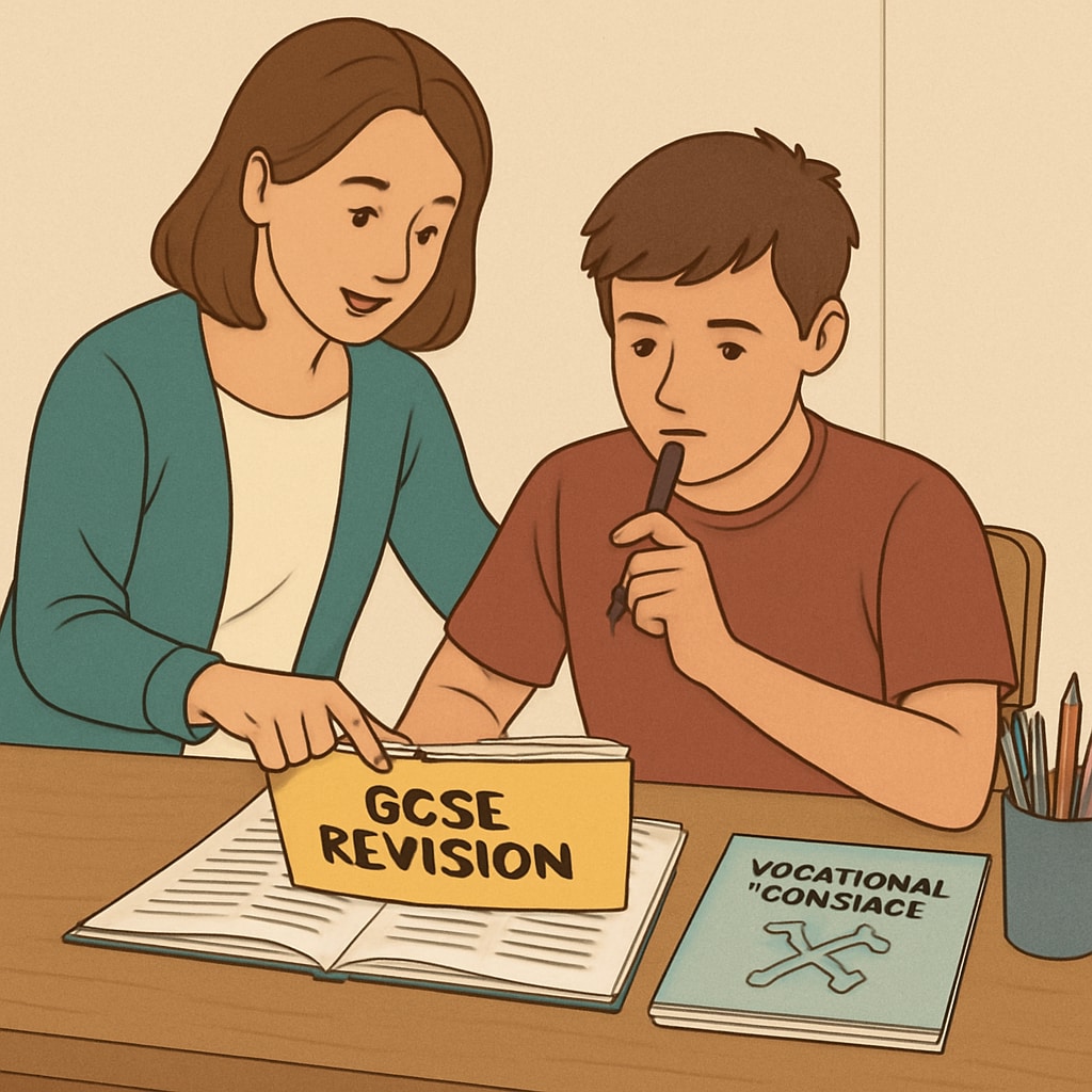 A guardian helping a student with GCSE study materials, demonstrating academic and vocational balance.