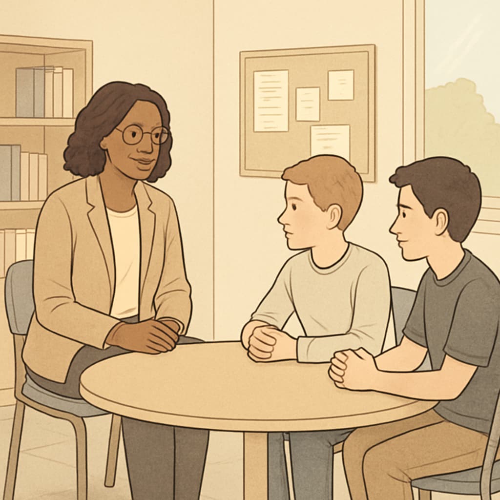 A school counselor mediating a restorative dialogue between two students in a calm environment. School counselor conducting a restorative dialogue to resolve a bullying conflict.