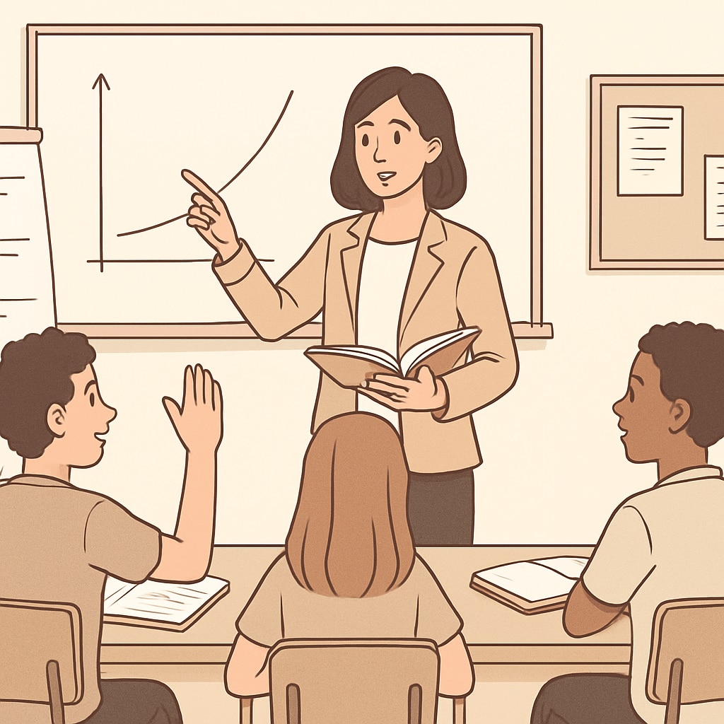 A classroom scene where a teacher assists students, emphasizing effective teaching practices.
