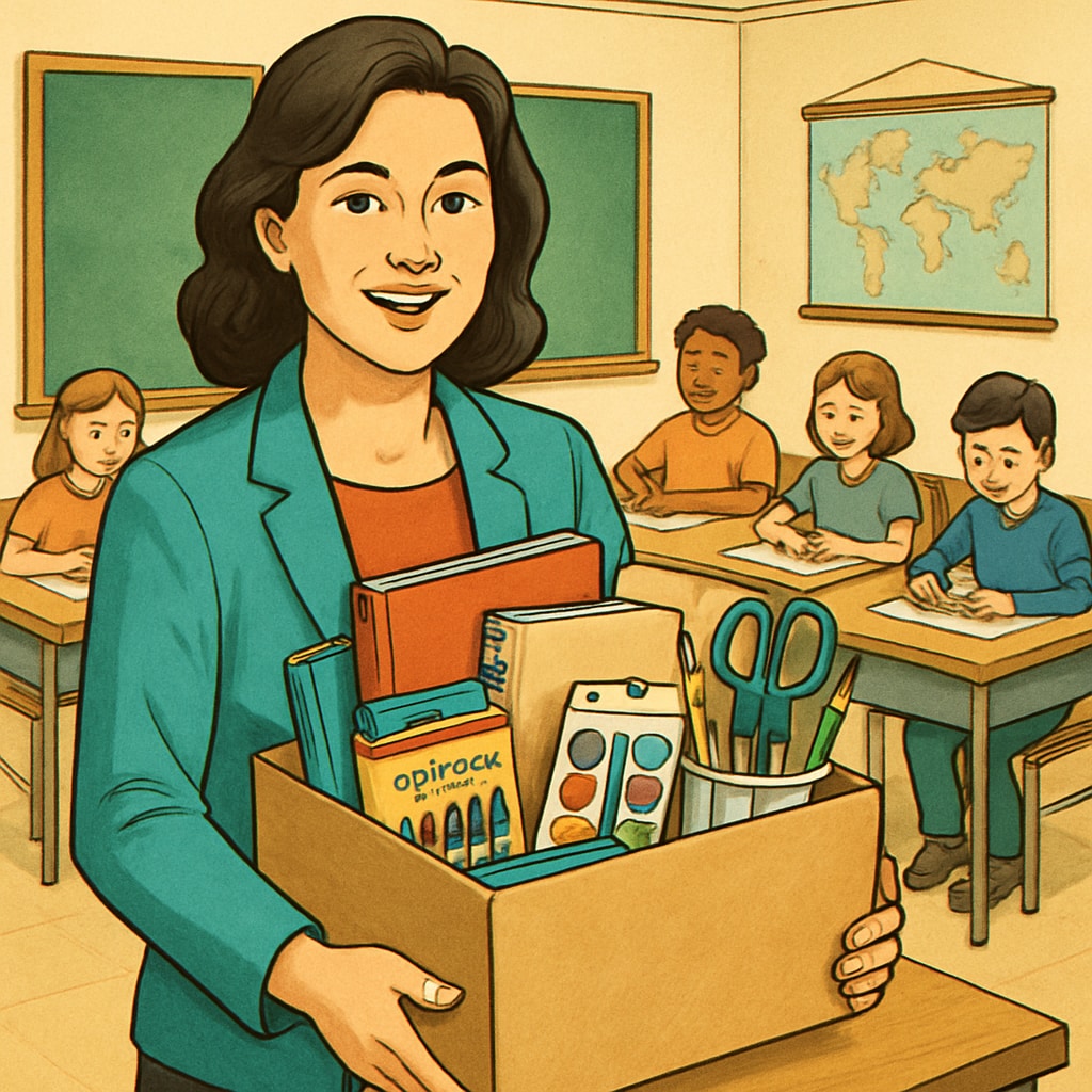 A teacher holding donated classroom supplies, representing educational resources.