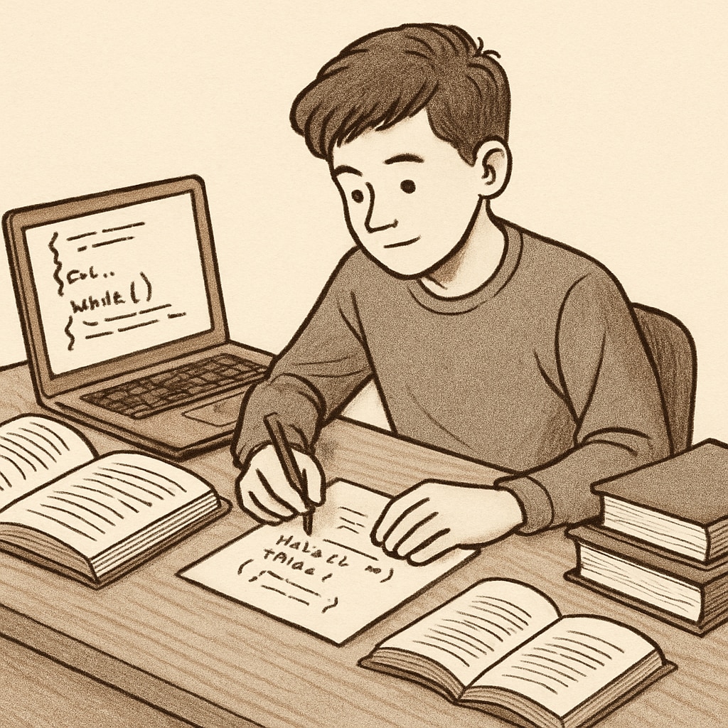 Teenager studying programming with books and a laptop, representing career exploration.