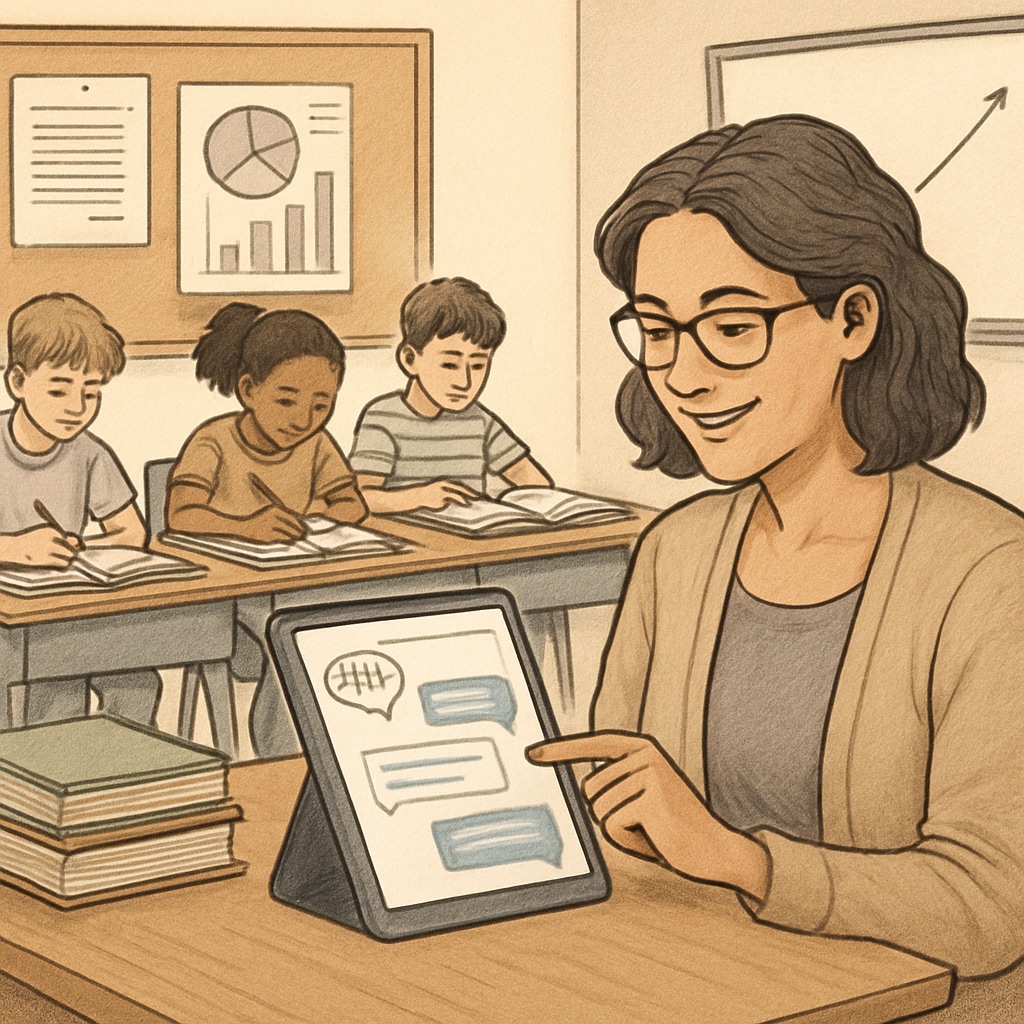 Teacher using AI tools for lesson planning and student assessments in a classroom.