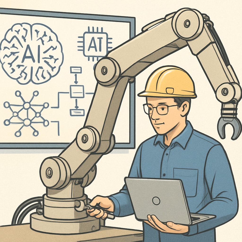 Engineer working on a robotic arm with AI diagrams in the background, showcasing AI's role in modern engineering.