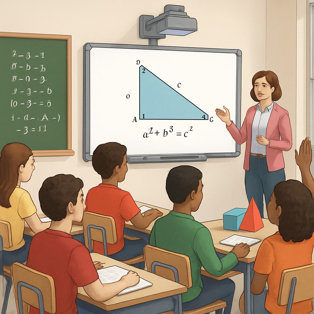 High school mathematics classroom with students and teacher utilizing educational tools.