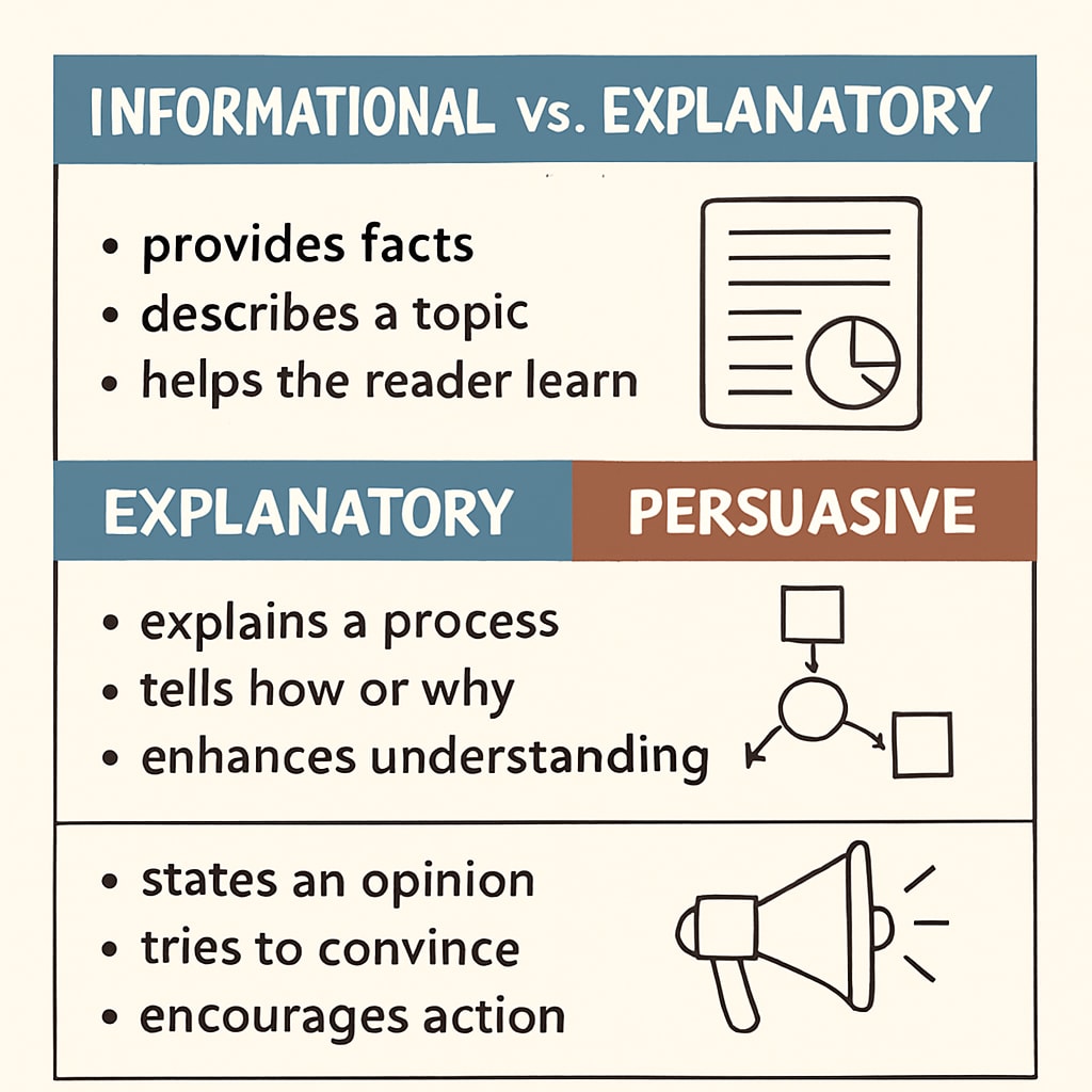 A diagram explaining informational, explanatory, and persuasive texts for functional English reading.
