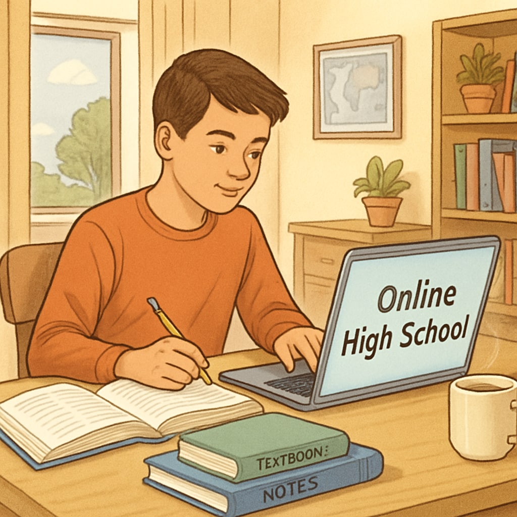 A student using a laptop to study for an online high school diploma.