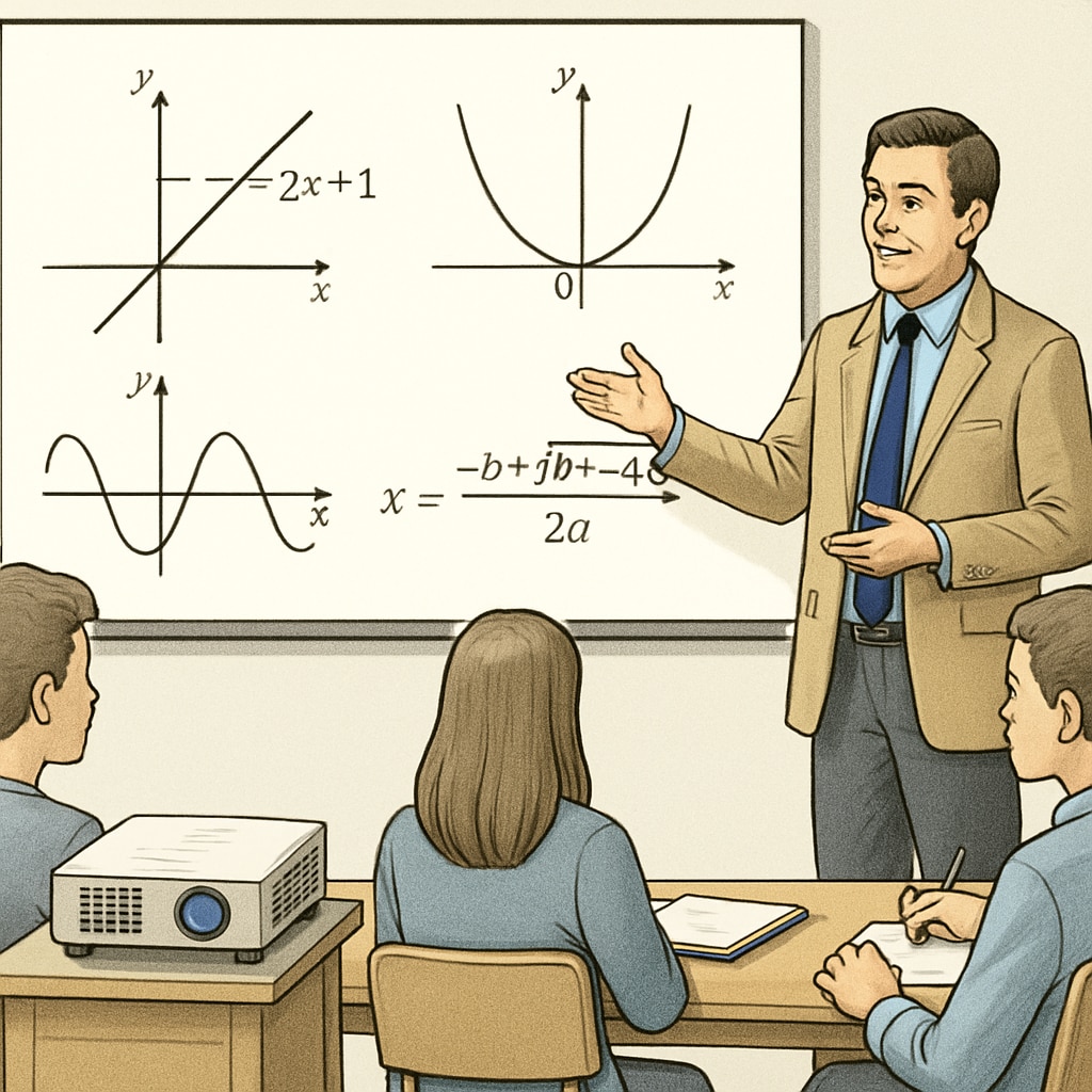 High school teacher explaining mathematical graphs using a digital projector.