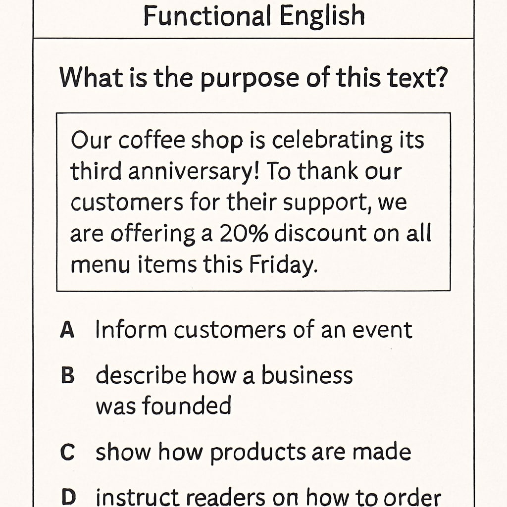 Functional English reading test question about identifying text purposes.