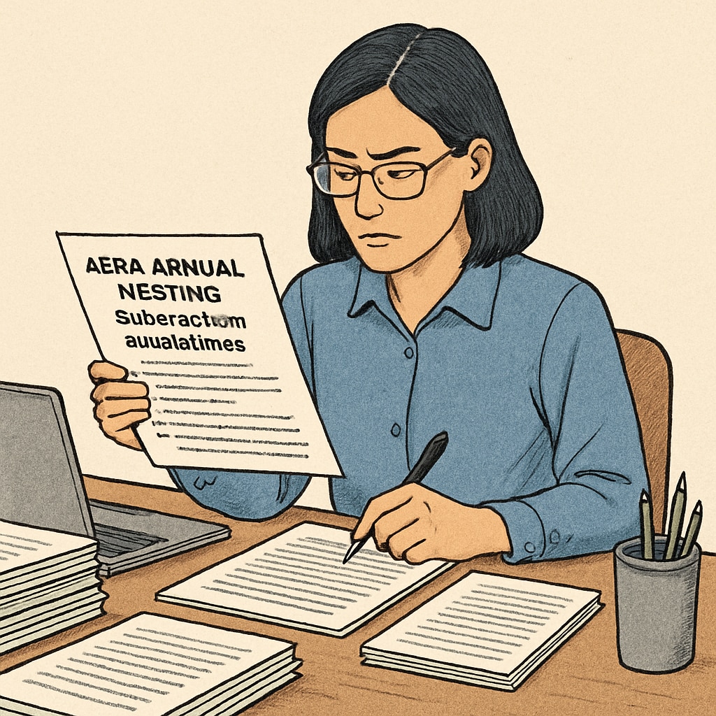 Researcher preparing for AERA Annual Meeting submission with academic documents.