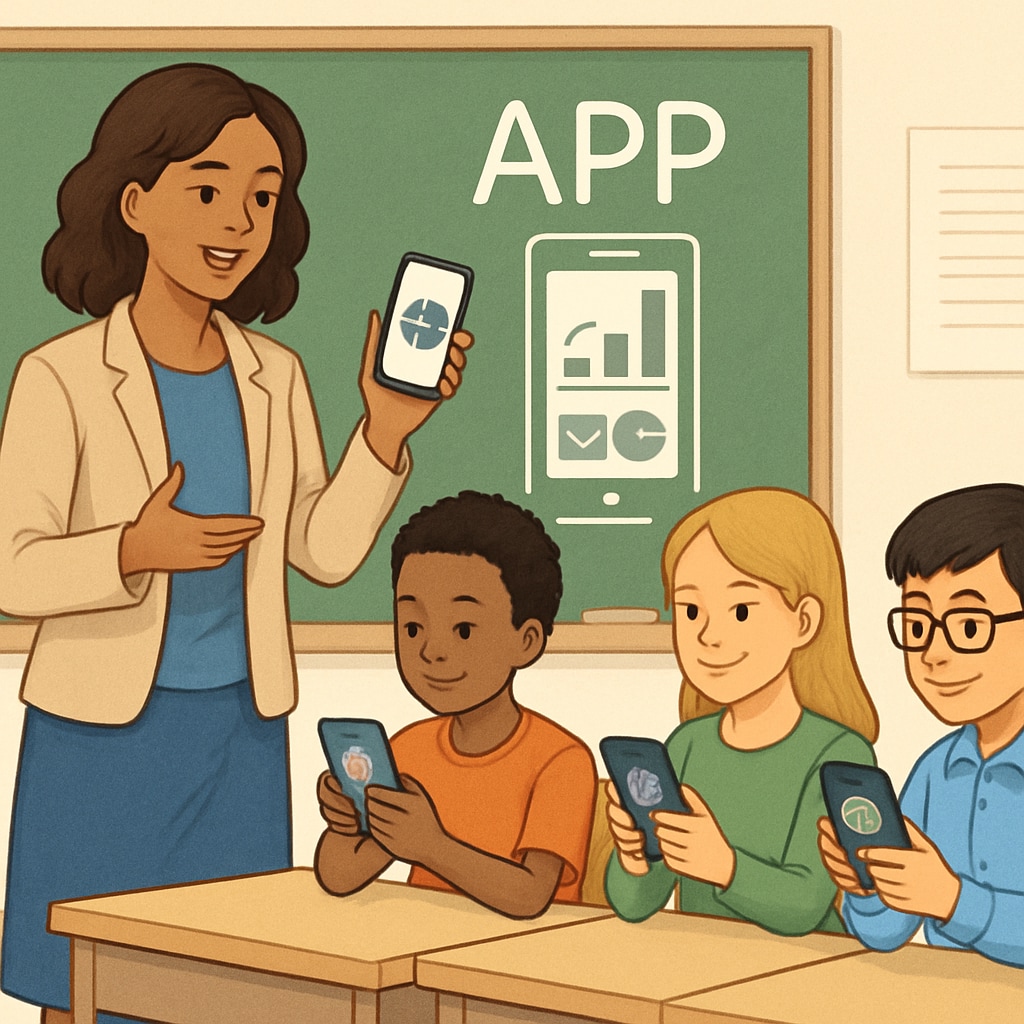 A teacher helping students with educational apps on smartphones, showcasing alternatives to phone bans and the use of educational resources.