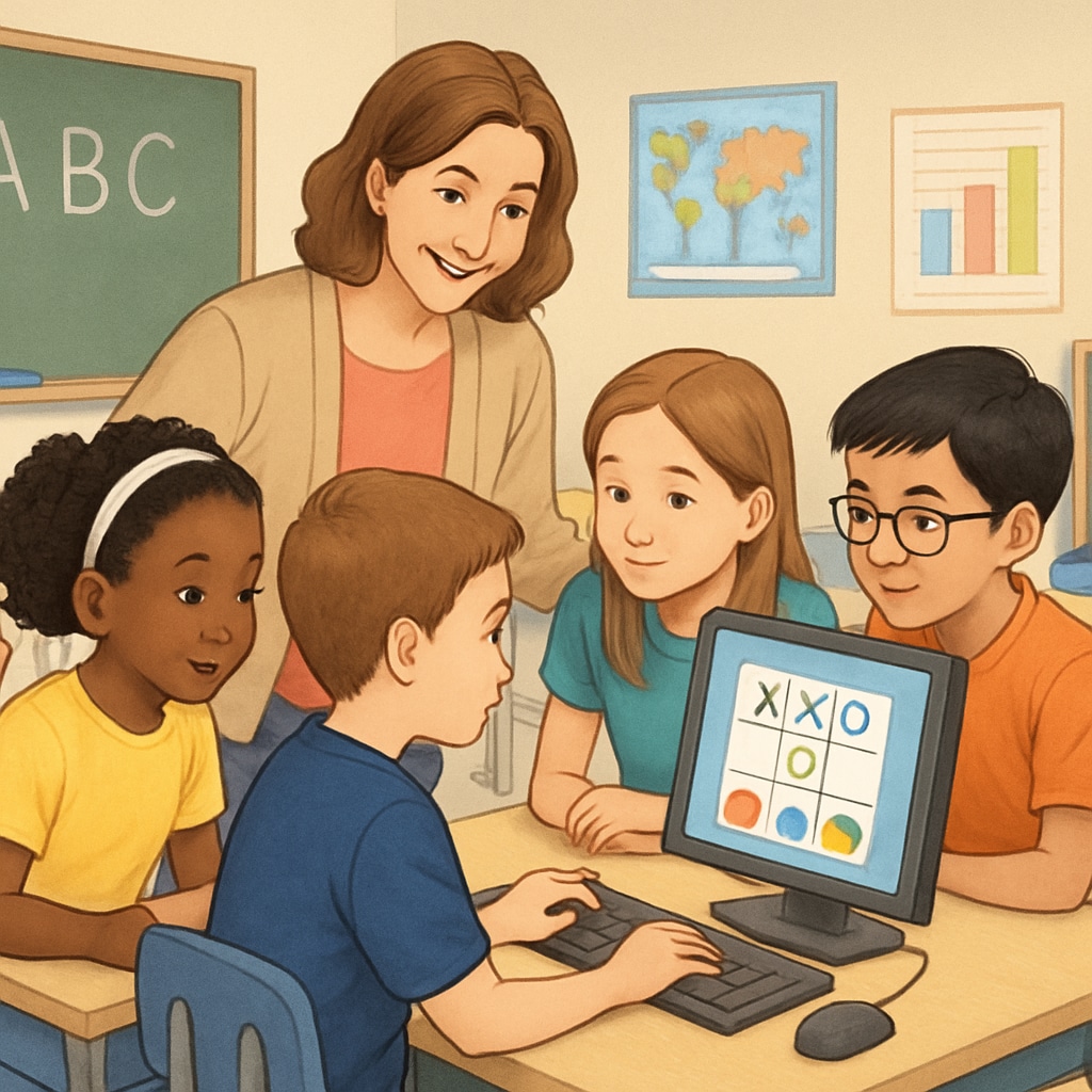 Kindergarteners and fourth graders collaborating on a computer game as part of a cross-grade activity.