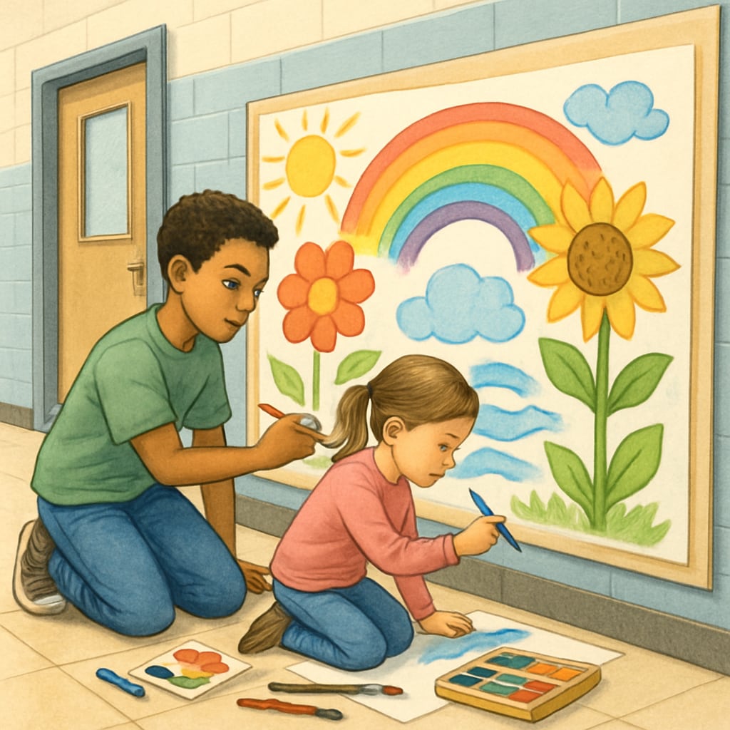 Fourth grader guiding a kindergartener during a collaborative art mural activity.