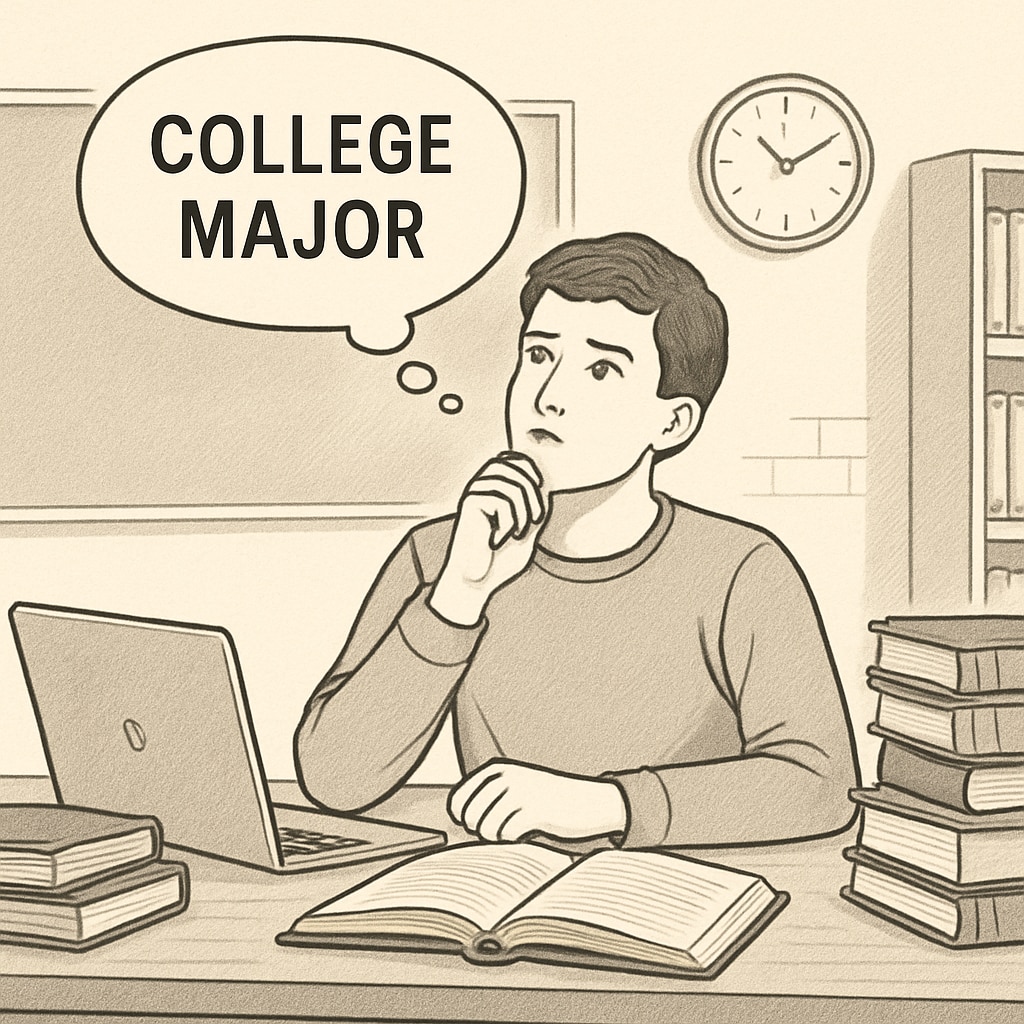 A high school student thinking about their college major selection while studying.