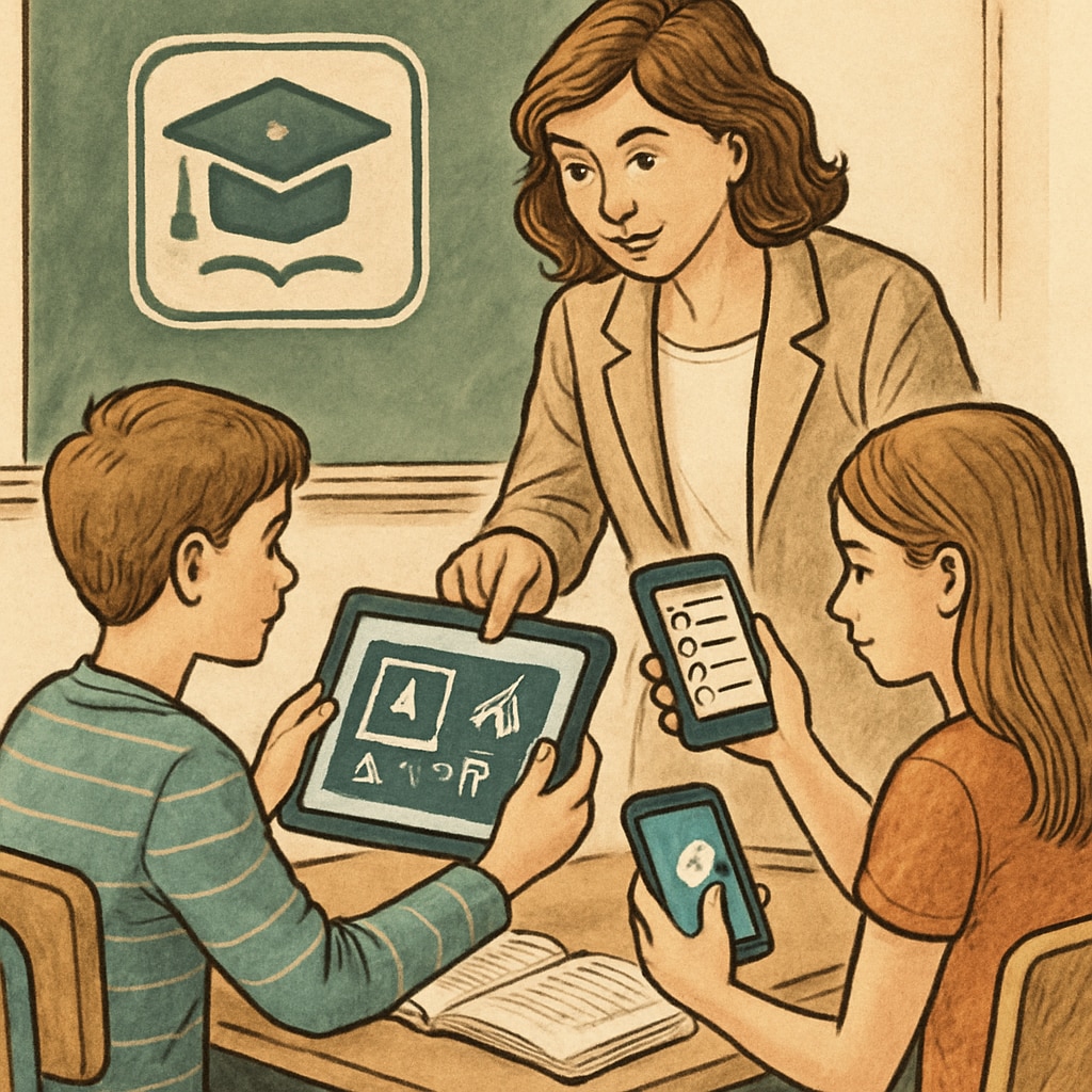 Teacher guiding students on educational app use in a classroom setting.