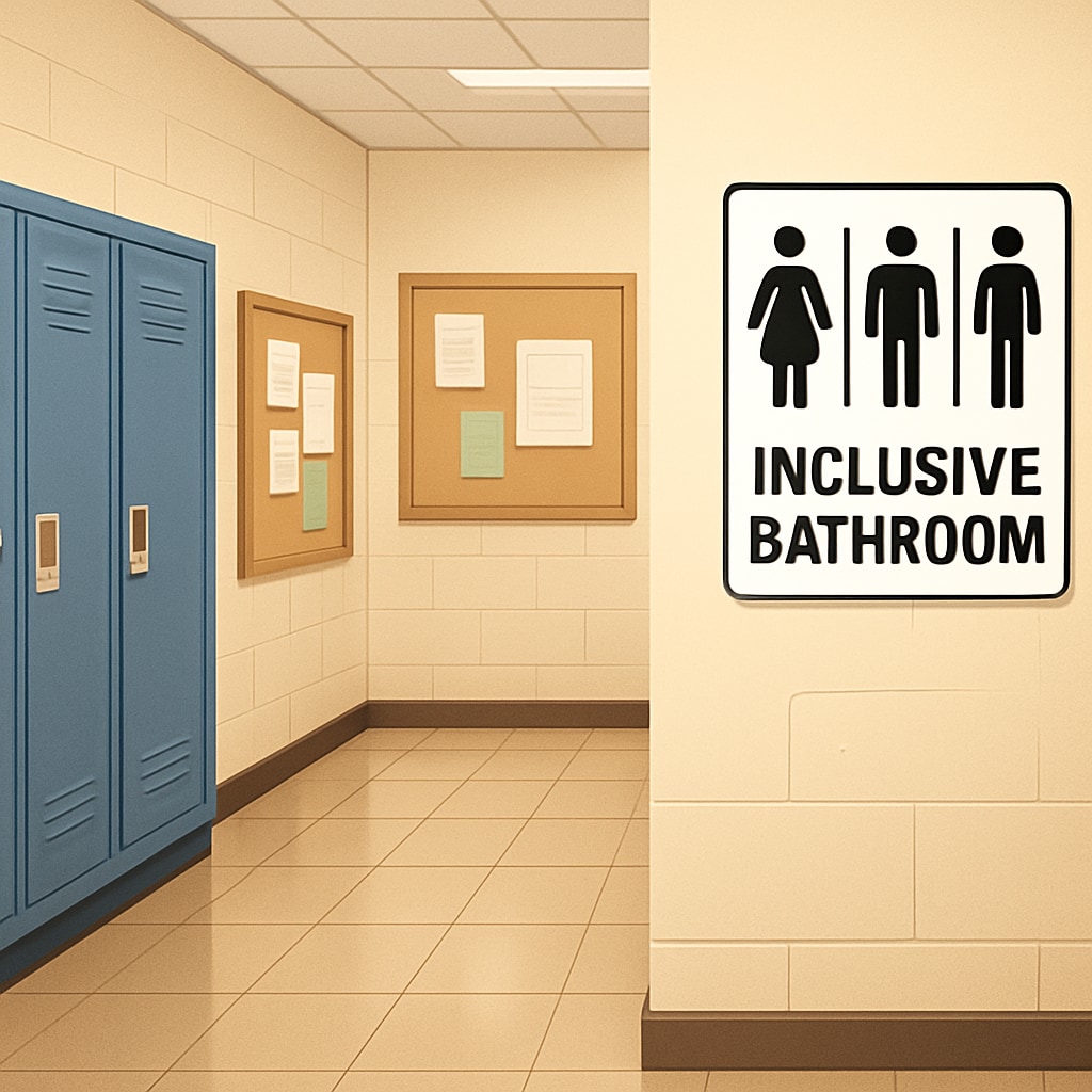 School hallway with inclusive bathroom signage supporting transgender rights.
