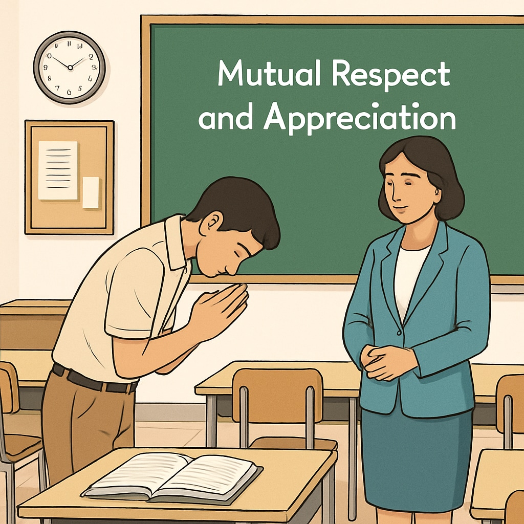 A classroom setting where a student is thanking a teacher, symbolizing mutual respect and appreciation. Student thanking a teacher in a classroom, emphasizing gratitude and respect.