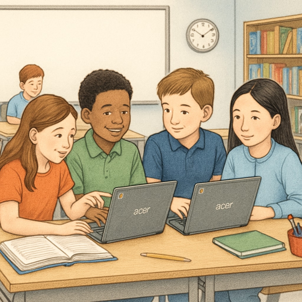 Students working with Chromebooks in a classroom setting, illustrating the role of educational technology.