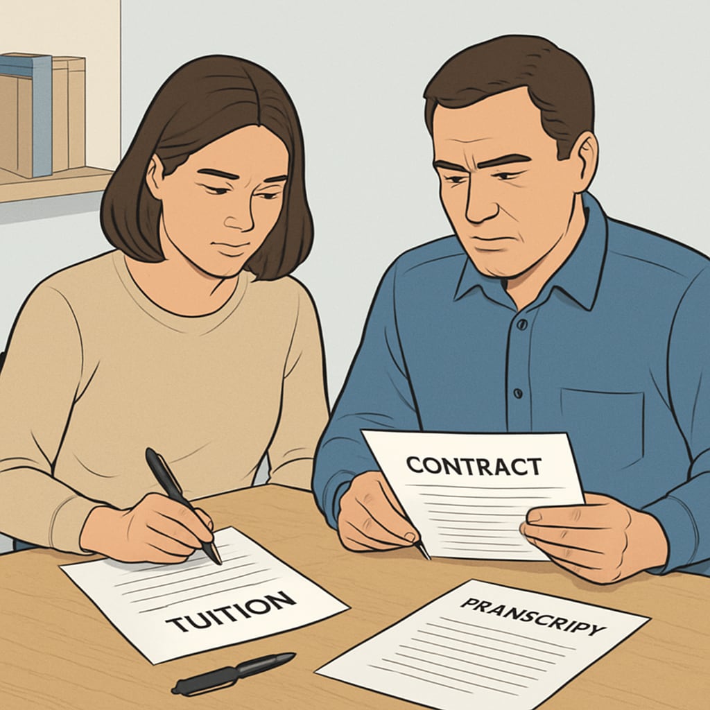 Parents examining legal documents related to tuition and transcript withholding.
