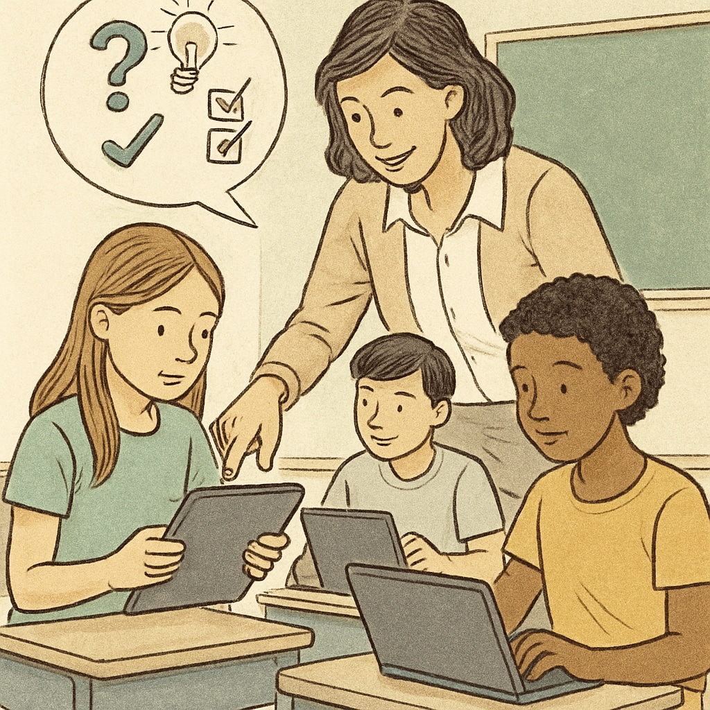 A teacher leading a discussion on critical thinking while using Chromebooks as a resource.