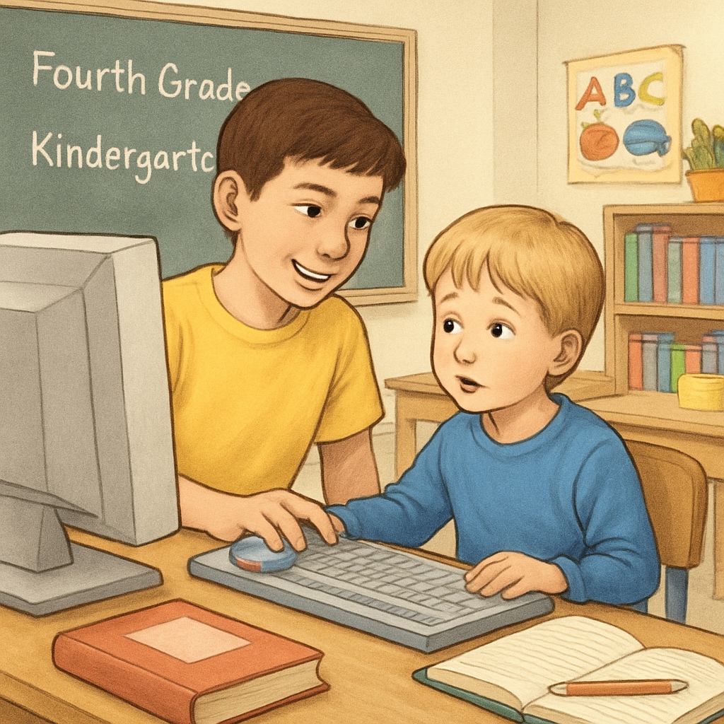 A fourth-grade student helping a kindergartener use a computer in a classroom setting. Kindergarten and fourth-grade students collaborating on early computer skills.