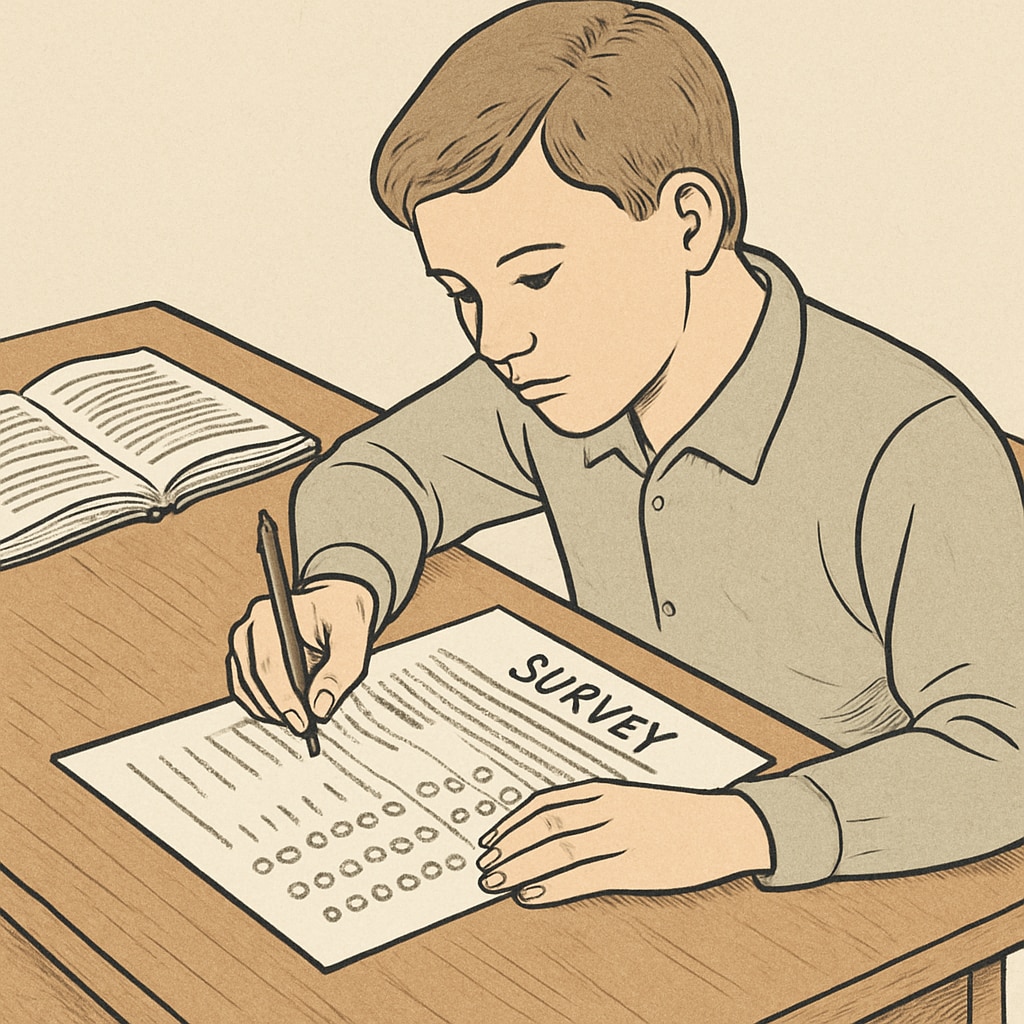 A student completing a survey form, illustrating the role of surveys in research projects about learning methods.