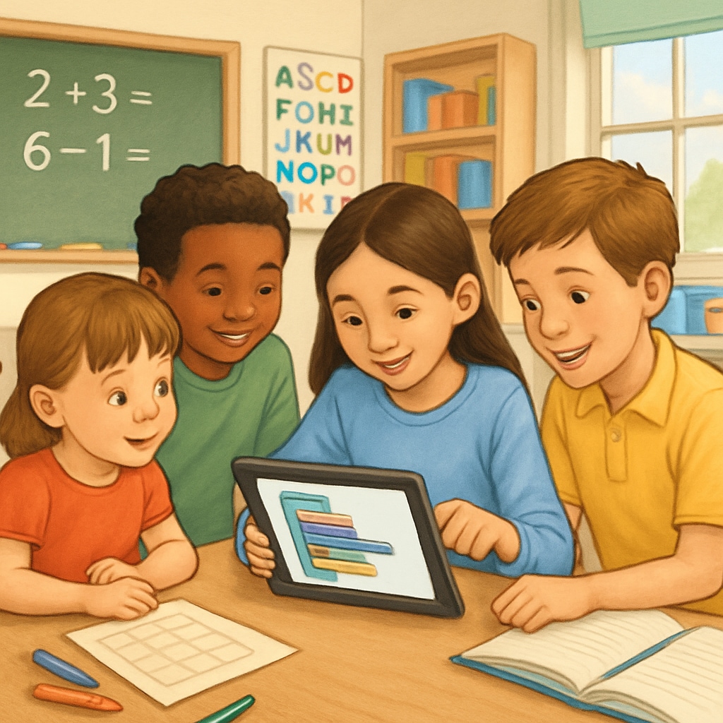 Kindergarten and fourth-grade students collaborating on a tablet-based coding project. Cross-grade students working together on a coding activity.