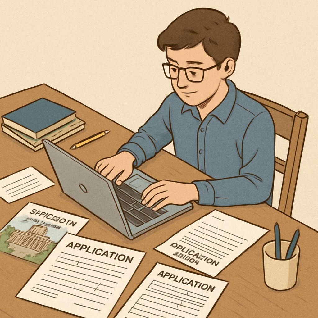 A student working on a laptop, surrounded by application documents and university brochures, highlighting independent application efforts. Student preparing independent application for US Master's degree.