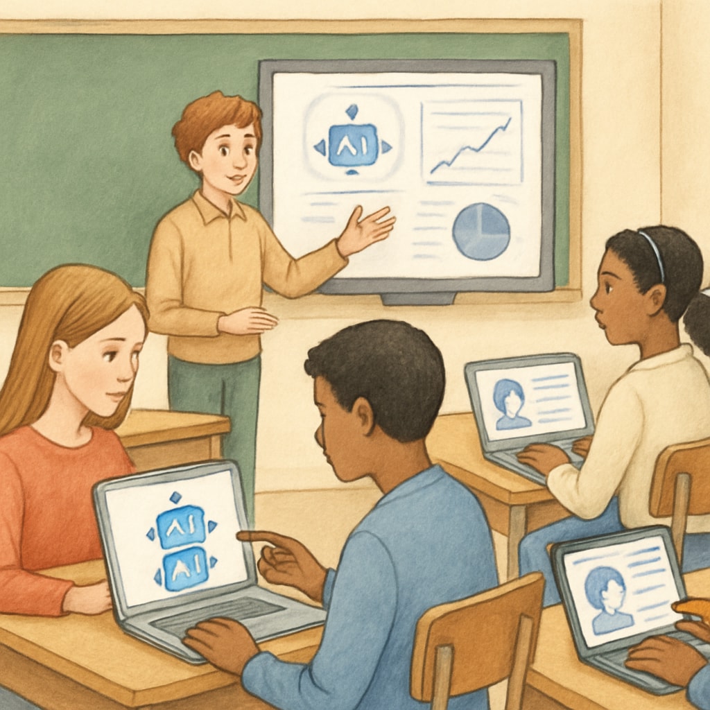 Students and AI-powered tools in a modern classroom, highlighting the role of technology in education.
