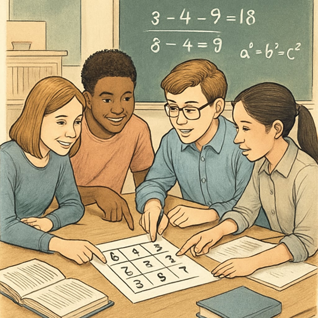 Students solving a math puzzle collaboratively.