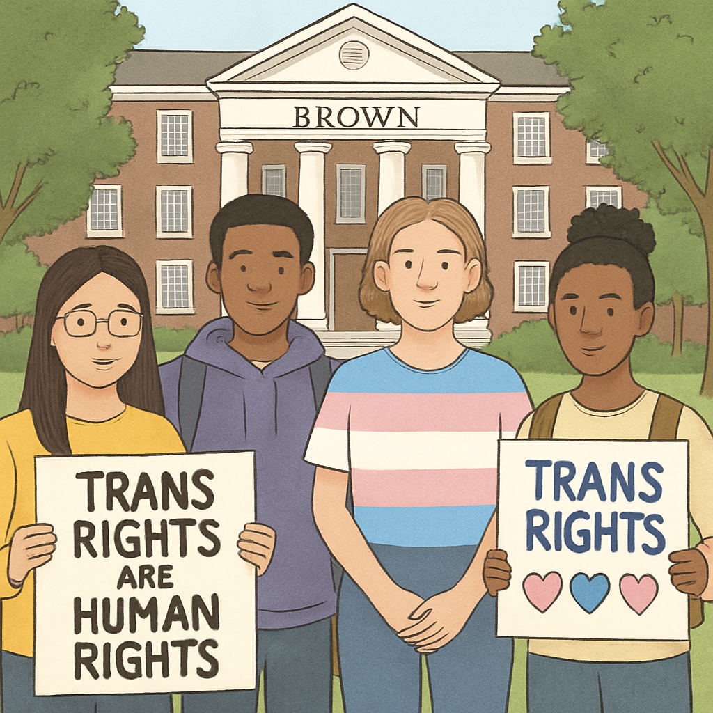 A group of students protesting at Brown University with signs advocating for transgender rights. Students at Brown University holding protest signs for transgender rights.