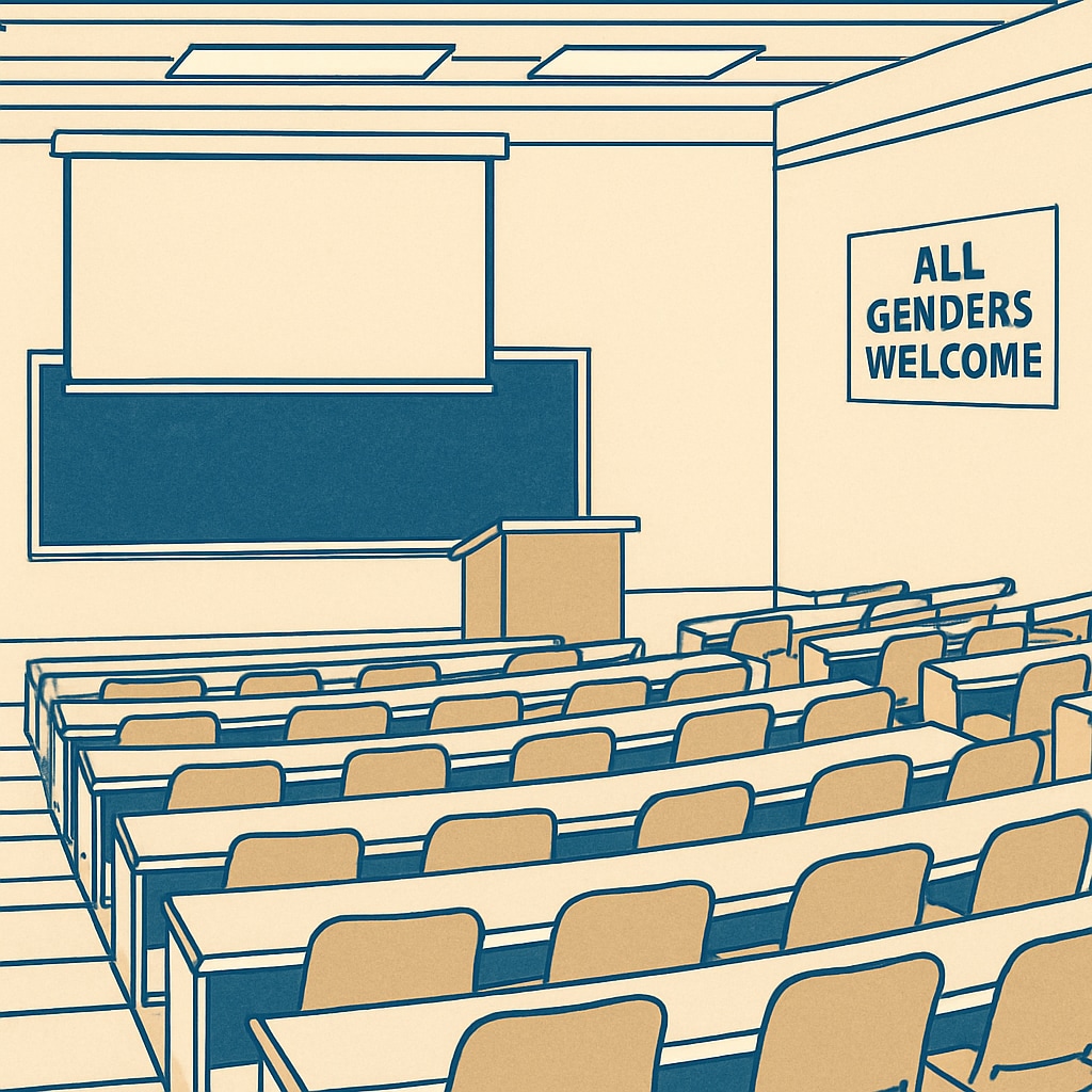 A university lecture hall with a sign reading Brown University lecture hall with a sign promoting gender inclusivity.
