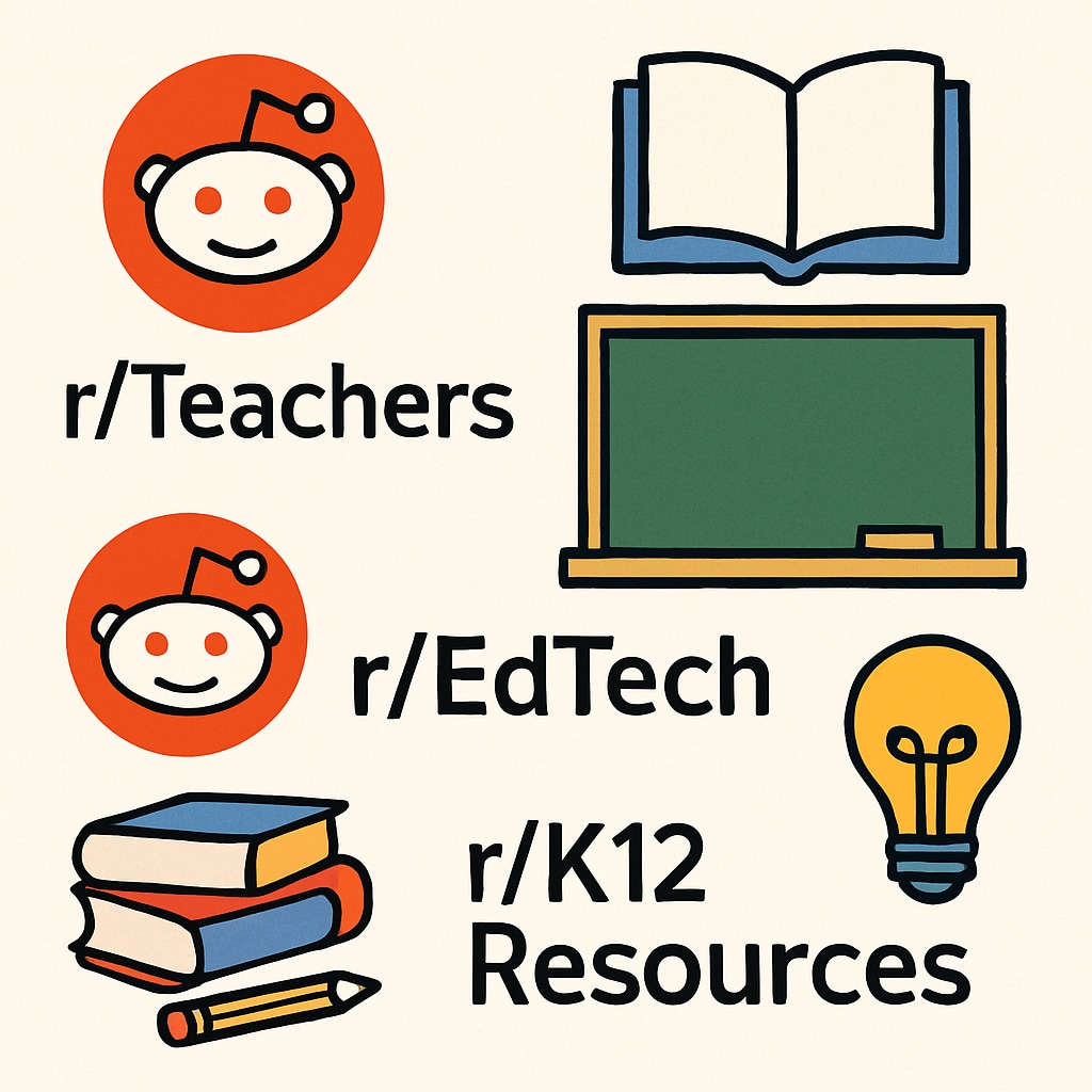 A collage of logos from various education-related SubReddits, like r/Teachers, r/EdTech, and r/K12Resources. Collage of logos for SubReddits focused on education and K12 teaching.