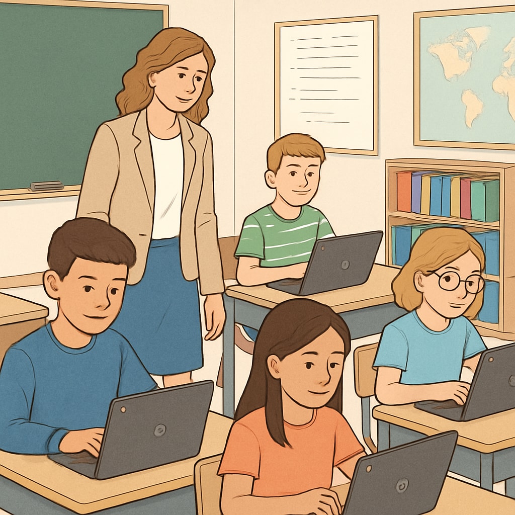 Chromebooks in a classroom setting, showing students engaging in digital learning.