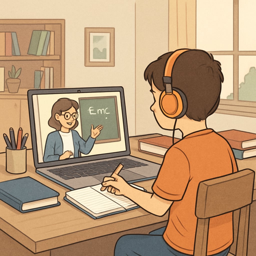 Online public school student studying at home using a laptop.