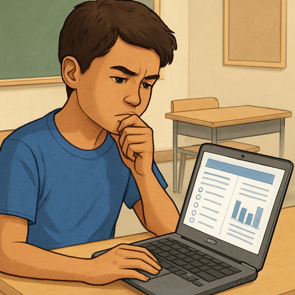 A student analyzing content on a Chromebook, emphasizing critical thinking.