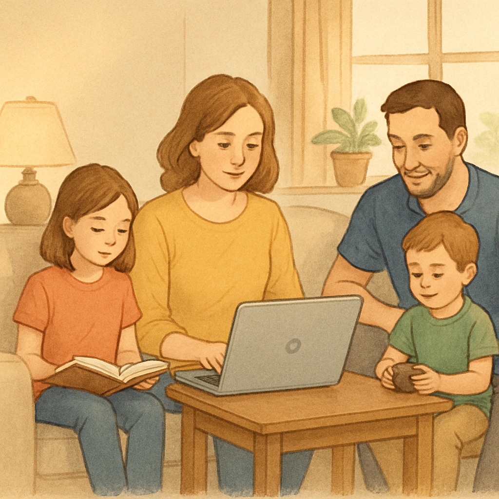 Family relaxing at home while balancing online education and family life.