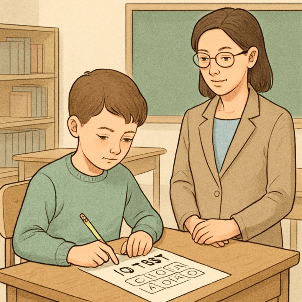 A child taking an IQ test at a desk with a teacher supervising. The image highlights the testing environment and focus required during assessments. Gifted child taking a standardized IQ test with teacher supervision